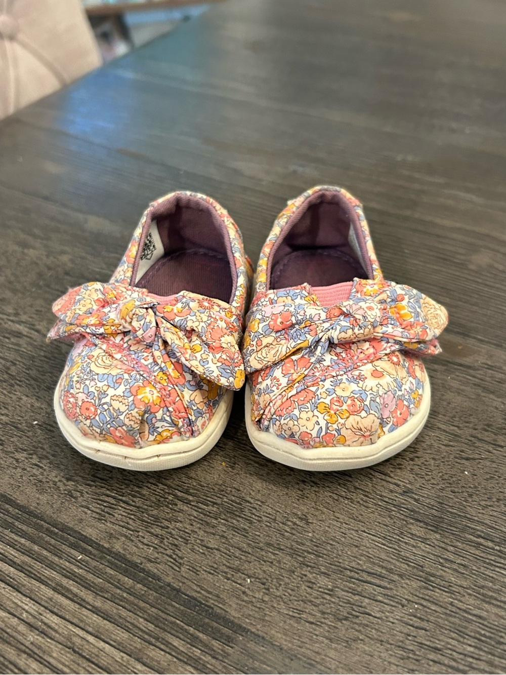 TOMS Pink Amelie Liberty Print Tiny Classics with a fabric bow detail.size 2